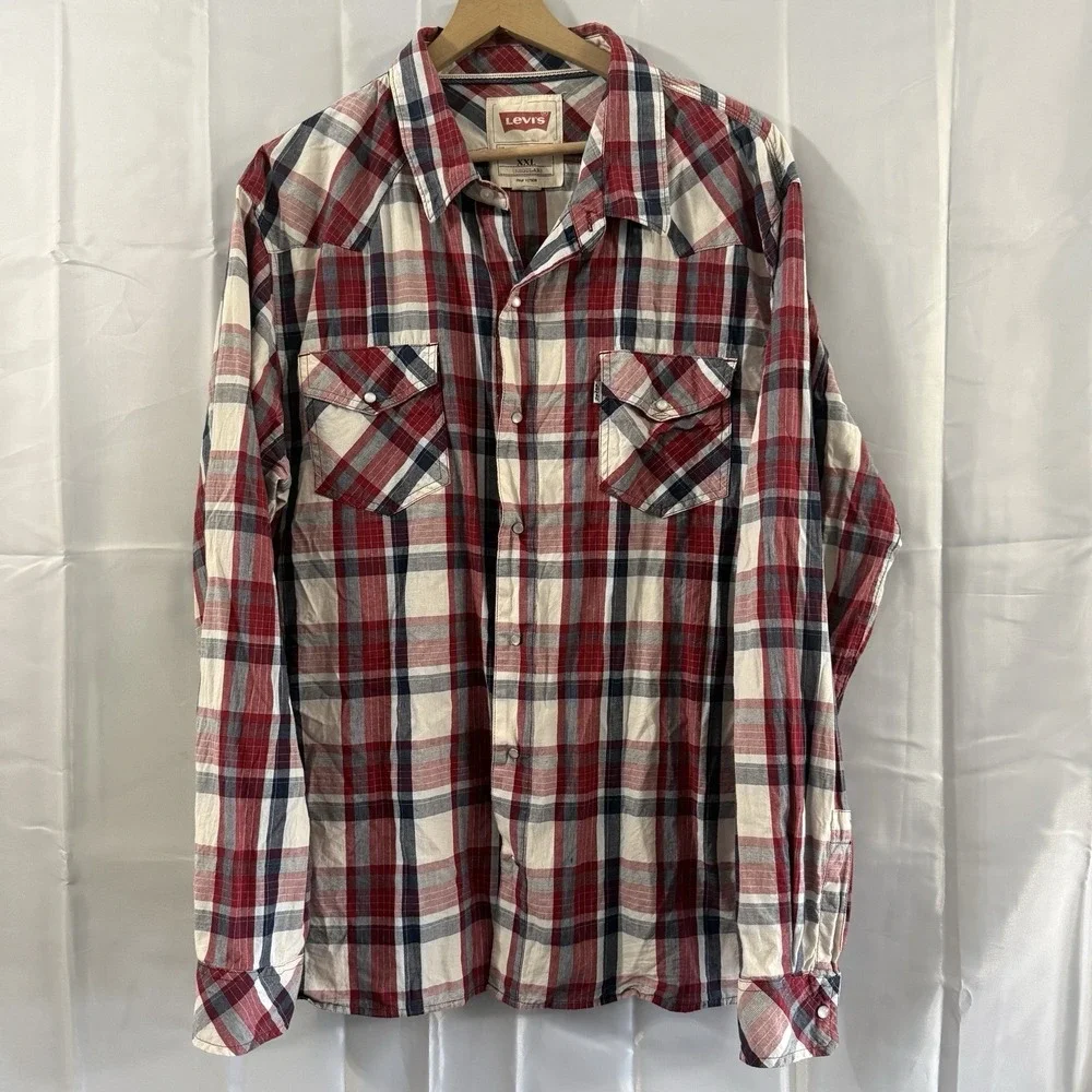 Levi Strauss Western Plaid Shirt XXL Pearl Snap Button Red Blue White‎ Patriotic